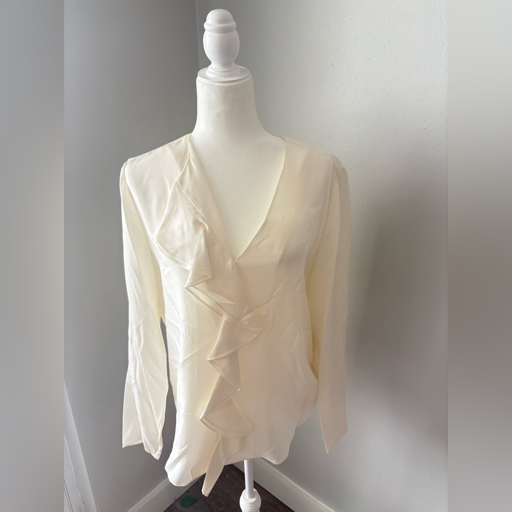 Theory Ivory Ruffle V-Neck Blouse